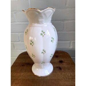 Galway Crystal Tara Vase White Green Shamrock‎ Gold Trim 10" Handcrafted Ireland